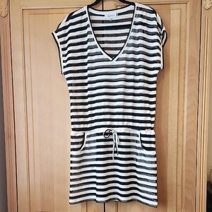 Calvin Klein Chic Striped Black and White V-Neck Cover Up Tunic with Drawstring
